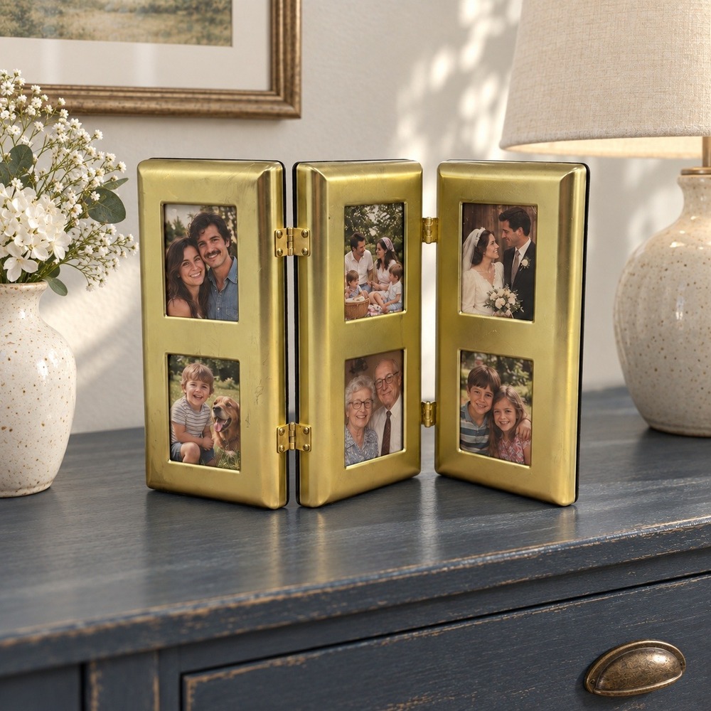 Vintage Malden Gold Triple Hinged Folding Picture Frame 6 Opening Metal Tabletop